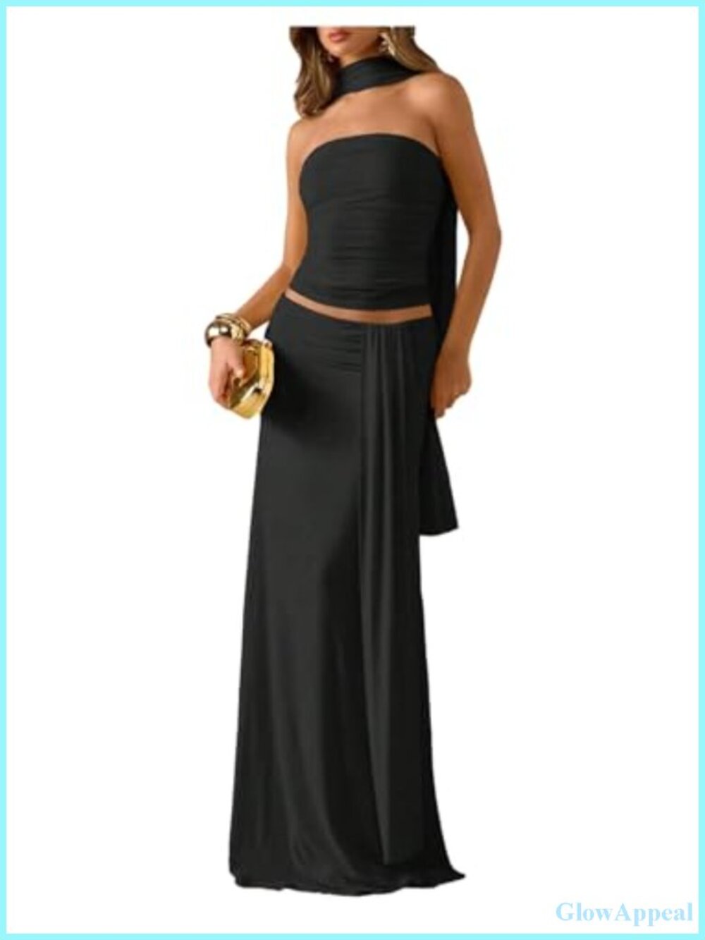2 Piece Skirt Set Strapless Tube Top and Maxi Skirt with Scarf Fall Outfits
